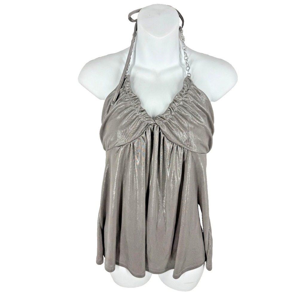 Y2K Express Halter Tank Top Size Small Babydoll Silver Chain Metallic Rock Edgy
